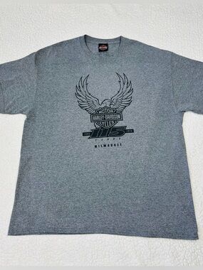 Harley-Davidson 115th Anniversary T-Shirt Men's XL Gray Eagle Wings Milwaukee
